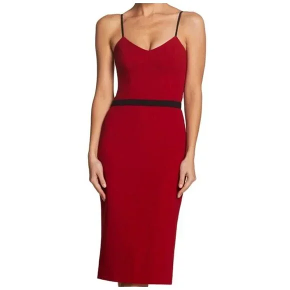 Dress the Population Emma V Neck Red Sleeveless Belted Holiday Midi Dress Size S Midi